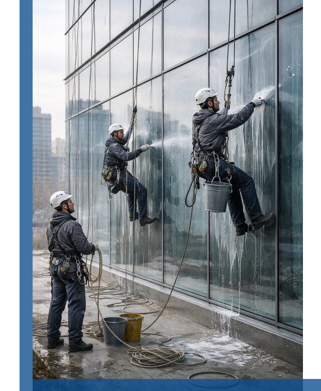 Промышленная мойка панорамных окон на высоте в Орле