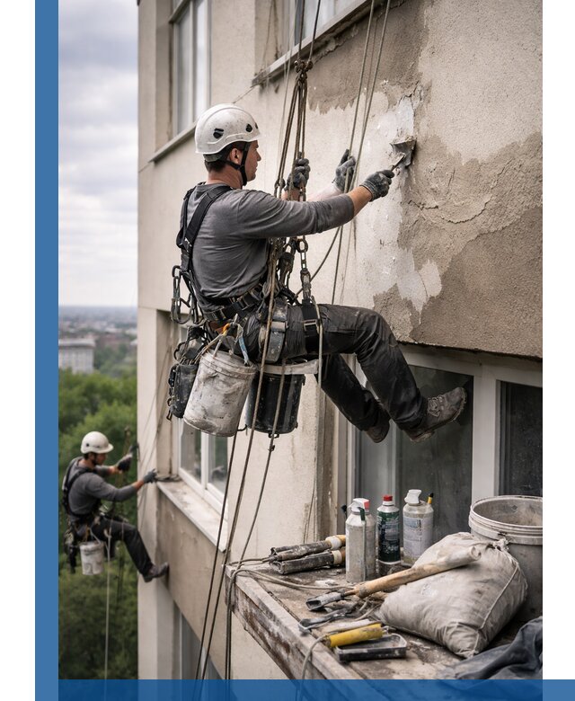 Косметический ремонт фасада зданий в Орле промышленными альпинистами