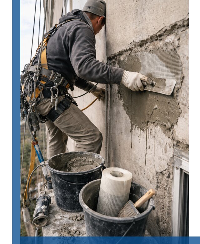 Ремонт бетонных элементов фасада промышленными альпинистами в Орле