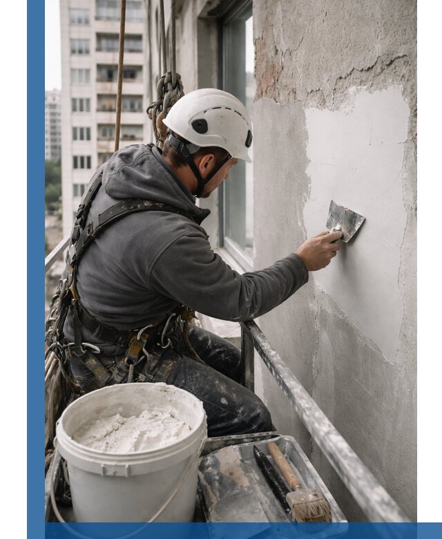 Шпаклевка фасадов на высоте с промальпинистами в Орле