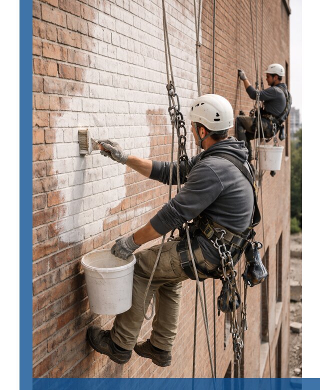 Покраска кирпичного фасада с доступным альпинистским сервисом в Орле