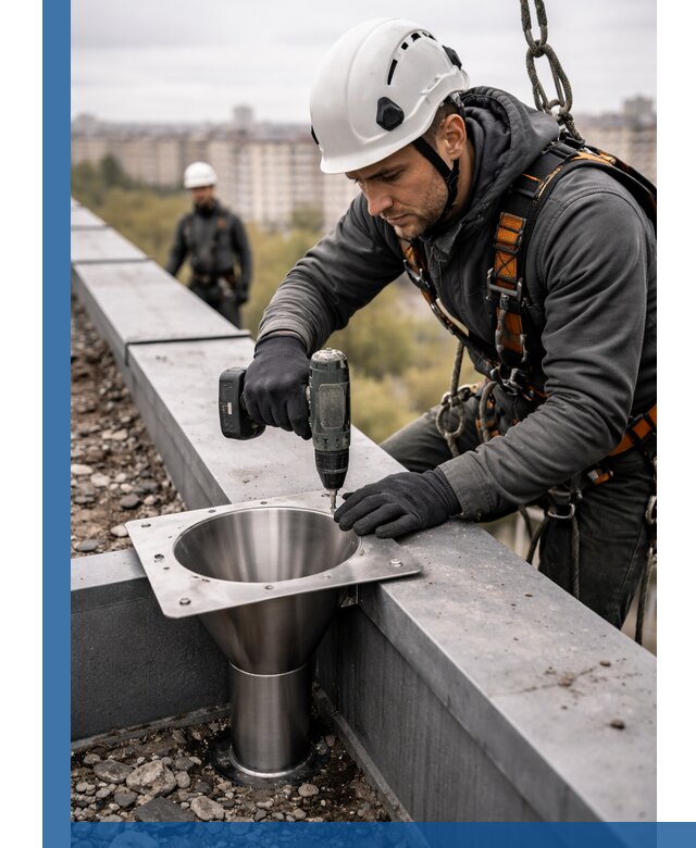 Монтаж водосточных воронок в Орле для промышленных зданий