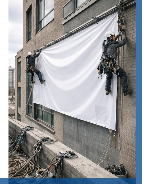 Монтаж баннеров на фасаде в Орле от 658 р. заказать ВЫСОТНИК-Орл