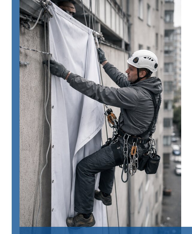 Замена баннерного полотна промышленными альпинистами в Орле