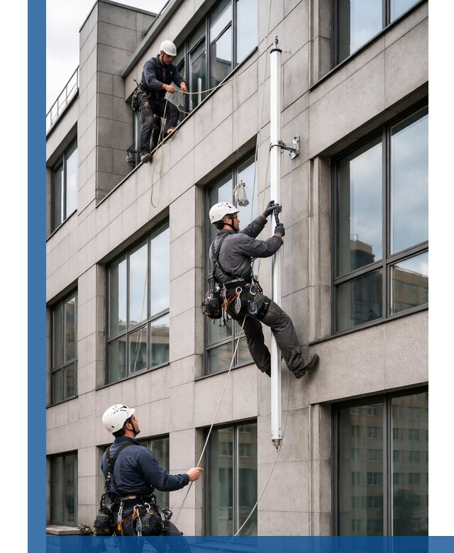 Монтаж флагштока на фасаде здания с креплением и герметикой в Орле