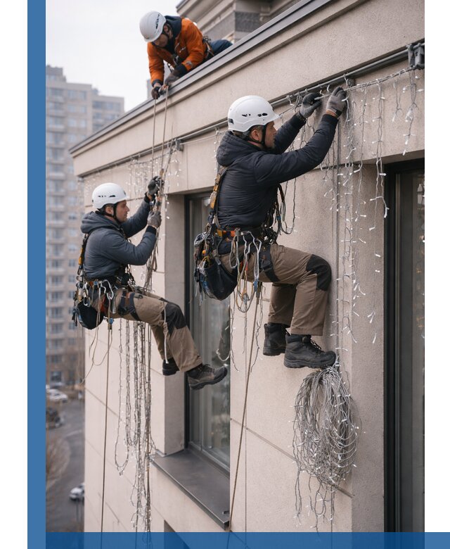 Монтаж праздничных гирлянд на фасаде в Орле для зданий