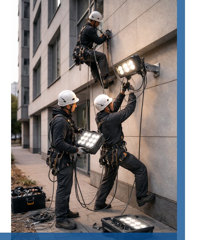 Монтаж прожекторов на фасаде в Орле от 7593 р. | ВЫСОТНИК-Орл