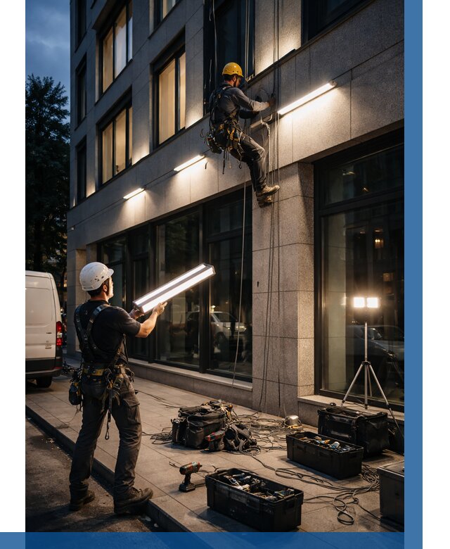 Монтаж архитектурной подсветки здания в Орле от 2531 р.|ВЫСОТНИК-Орл