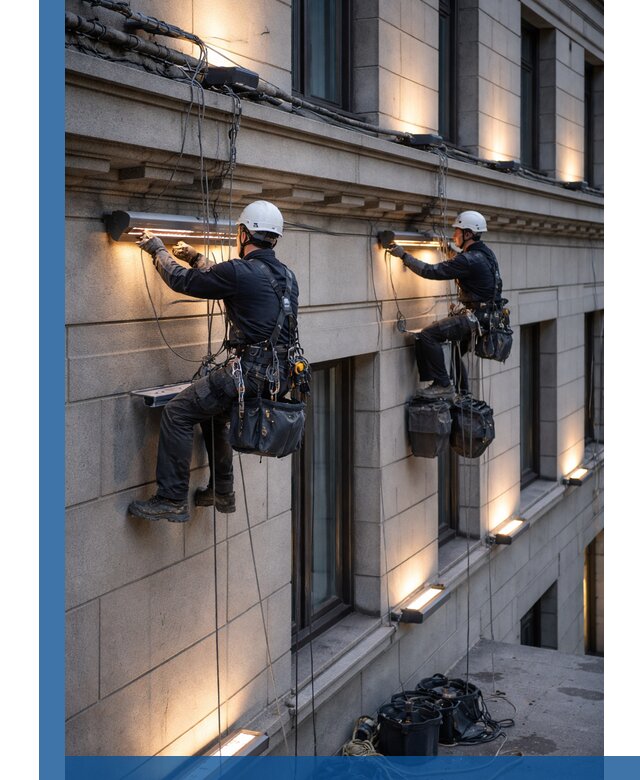 Монтаж архитектурной подсветки фасадов зданий в Орле