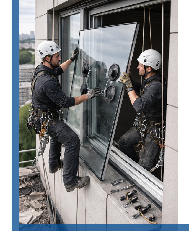 Замена стеклопакетов на высоте с промышленными альпинистами в Орле