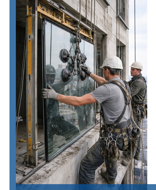 Монтаж стеклопакетов на высоте в Орле с промышленным альпинизмом