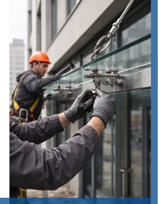 Монтаж стеклянных козырьков в Орле от 8605 р. | ВЫСОТНИК-Орл