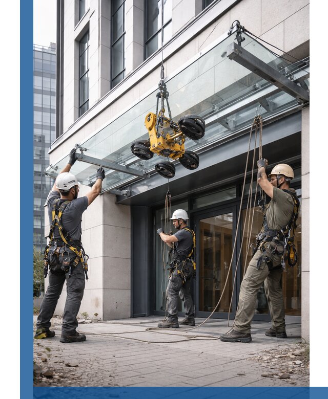 Монтаж стеклянных козырьков под ключ в Орле для зданий