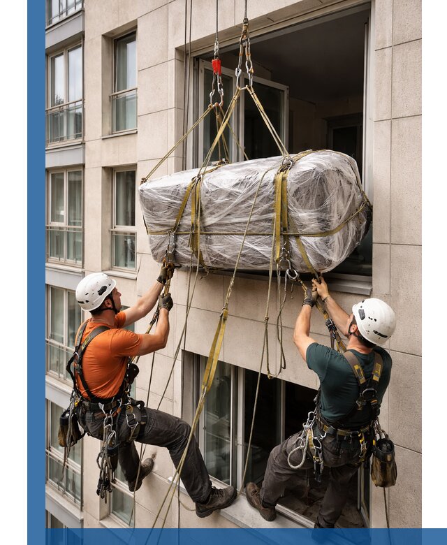 Подъем грузов через окно в Орле промышленными альпинистами