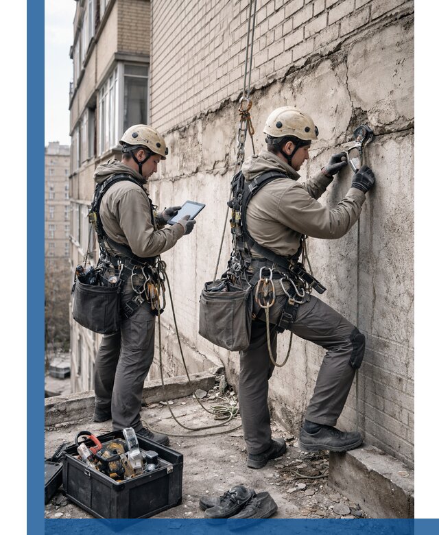 Обследование фасада промышленными альпинистами в Орле